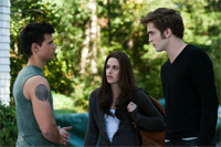 Kristen Stewart ako Bella Swan, Robert Pattinson ako Edward Cullen a Taylor Lautner ako Jacob Black vo filme Twilight sága: Zatmenie